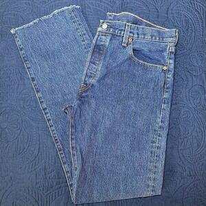 Levis 501 Jeans Mens‎ 34x34 Blue Button Fly Straight Leg Medium Wash Raw Hem